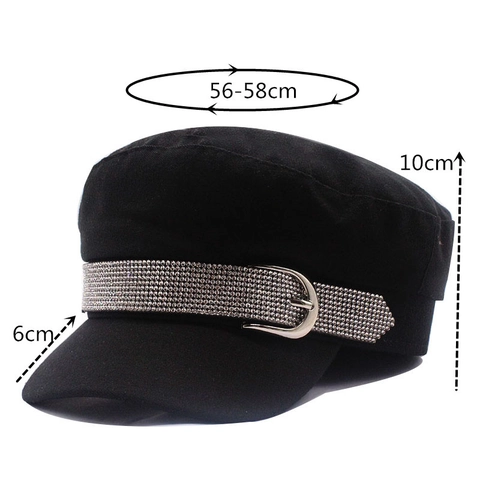 Rhinestone Newsboy Cap Cotton Flat Top Military Hat For Women Fashion Adjustable Shiny Rhinestone Band Navy Cap