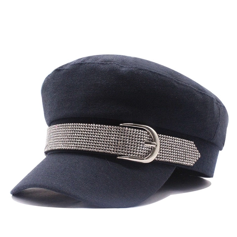 Rhinestone Newsboy Cap Cotton Flat Top Military Hat For Women Fashion Adjustable Shiny Rhinestone Band Navy Cap