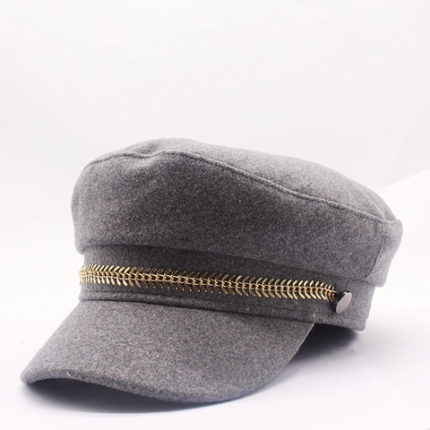 Béret En Feutre De Laine Pour Femmes Casquette Gavroche Style Britannique Rétro Chapeau De Marine Avec Chaîne En Métal