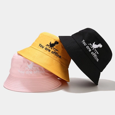 Cotton Canvas Fischerhut Bestickt Pixel Dinosaurier Offline Text Sonnenschutz Sommer Lässig Streetwear Neuheit