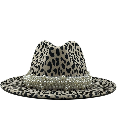 Cappello Fedora Con Stampa Leopardata E Fascia Di Künstliche Perle Sintetiche A Tesa Larga Cappello Di Lana Jazz Moda Elegante Accessori Donna