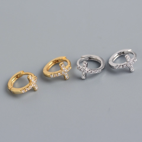 Orecchini A Cerchio Huggie Croce Argento Sterling 925 Zirconia Minimalista Gioielli Eleganti Da Donna