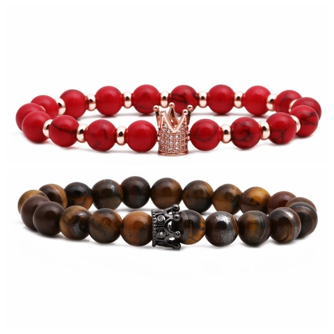 Bracciale Di Perline In Pietra Naturale Occhio Di Tigre Con Ciondolo A Corona In Rame Per Coppie Gioielli Elastici