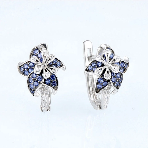 Pendientes de Cierre Catalán de Flor Elegante Francesa de Cobre con Circonia Azul Blanca Pendientes Florales Mandala Joyería de Mujer