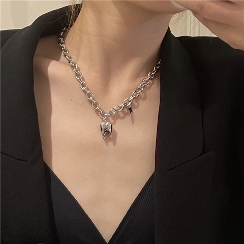 Stainless Steel Tooth Star Pendant Necklace Hip Hop Thick Chain Choker For Women Men Silver Industrial Style Punk Jewelry Gift