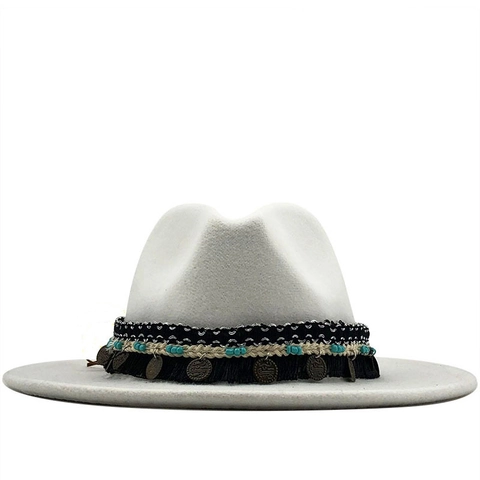 Cappello Fedora Bohémien Feltro Lana Tesa Larga Fascia Intrecciata Etnica Nappe Perline Monete Metallo Stile Jazz Donne Uomini