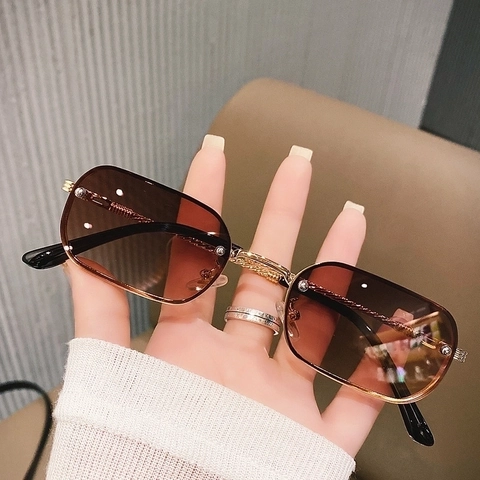 Rimless Rectangle Sunglasses Metal Frame Retro Gradient Lenses UV400 Protection Fashion Eyewear For Women And Men