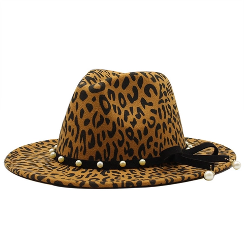 Chapeau Fedora Imprimé Léopard Feutre De Laine Ruban Künstliche Perles Nœud Style Western Vintage Bord Large Jazz Femme