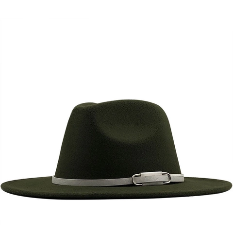 Classic Fedora Hat Woolen Wide Brim Solid Color Jazz Cap With Belt Buckle Vintage Style For Men Women
