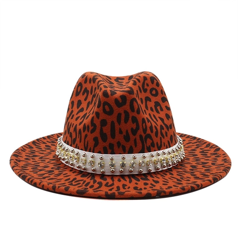 Leopard Print Fedora Hut Vintage Breitkrempiger Filz Jazz Hut Mit Strassbesetztem Band Mode Unisex Zubehör