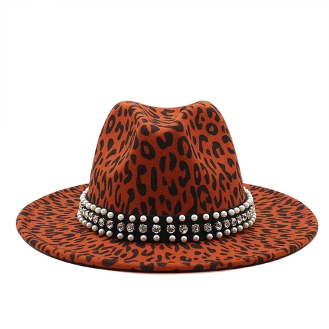 Leopard Print Fedora Hat Women Wide Brim Cotton Polyester Felt With Artificial Pearl Rhinestone Band Fashion Retro Jazz Hat