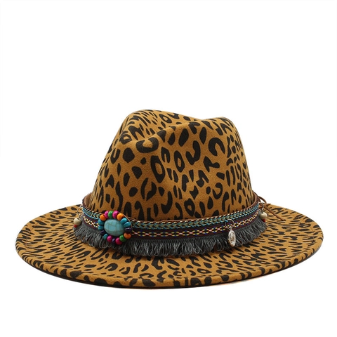 Leopard Print Fedora Hat Ethnic Bohemian Band Turquoise Tassel Wide Brim Felt Jazz Hat For Men Women