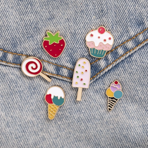 Cartoon Summer Dessert Fruit Enamel Brooch Pin Alloy Strawberry Ice Cream Lollipop Cupcake Badge Pins For Clothes Bags Jewelry