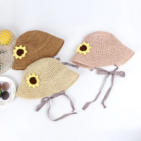 Chapeau De Paille Enfant Respirant Décor Tournesol Ruban À Carreaux Été Plage Style Princesse