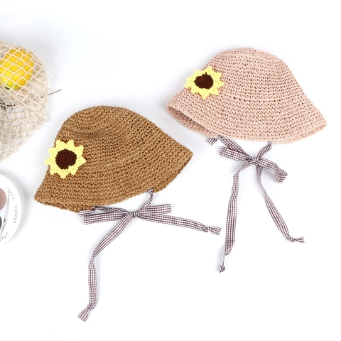 Chapeau De Paille Enfant Respirant Décor Tournesol Ruban À Carreaux Été Plage Style Princesse