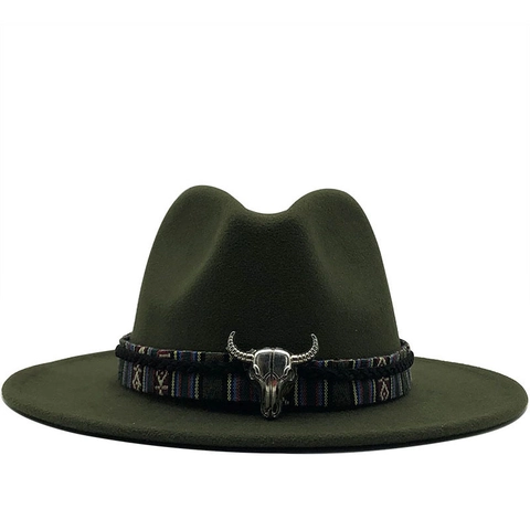 Western Fedora Hat Wool Felt Wide Brim Ethnic Woven Band Vintage Metal Bull Head Skull Cowboy Style Unisex