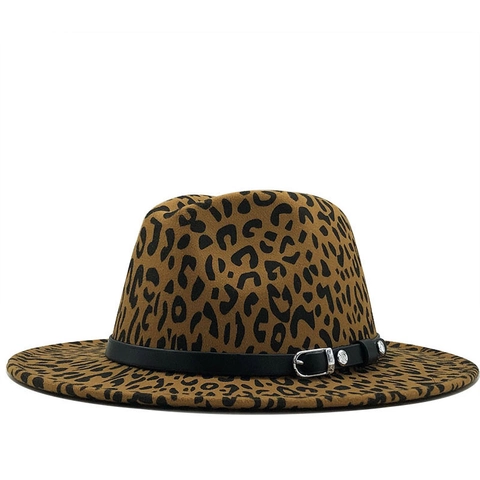 Cappello Fedora Con Stampa Leopardata In Feltro Di Lana Tesa Larga Piatta Cappello Jazz Con Fascia In Pelle Fibbia Argento