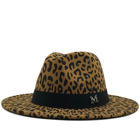Luipaardprint Fedora Hoed Wollen Vilt Brede Platte Rand Jazz Pet Met Metalen M Gesp Voor Dames Heren