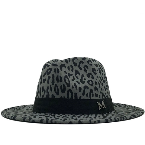 Luipaardprint Fedora Hoed Wollen Vilt Brede Platte Rand Jazz Pet Met Metalen M Gesp Voor Dames Heren