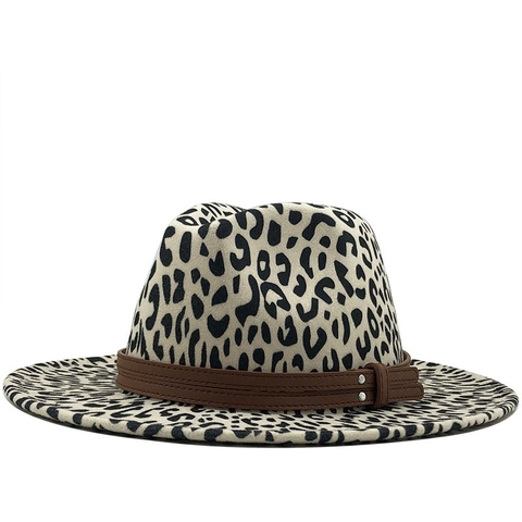 Vintage Wide Brim Fedora Hat Woolen Felt Jazz Cap Leopard Print Solid Color Leather Band Decoration Unisex Accessory