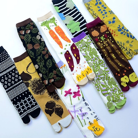 Calze Tabi Con Punta Divisa Donna Cotone Pettinato Motivo Jacquard Floreale Animale Tubo Medio Stile Giapponese
