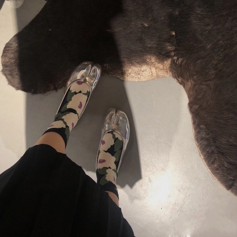 Calze Tabi Con Punta Divisa Donna Cotone Pettinato Motivo Jacquard Floreale Animale Tubo Medio Stile Giapponese