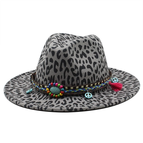 Sombrero Fedora De Fieltro Con Estampado De Leopardo Banda Étnica Bohemia Turquesa Colgante Signo De Paz Borla Estilo Western