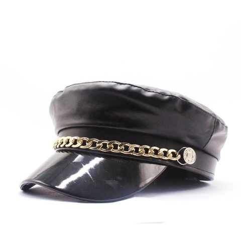Cappello Da Marinaio In Pelle PU Nero Con Catena In Metallo E Bottone Berretto Baker Boy Accessori Di Moda Per Donna Uomo