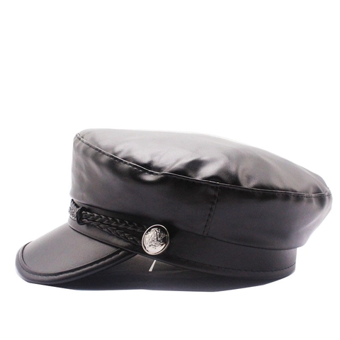 Berretto Newsboy In Pelle PU Vintage Cappello Baker Boy Per Donna Con Cordino Intrecciato Bottone Argentato Top Piatto Tinta Unita
