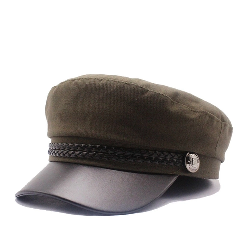 Baker Boy Mütze Damen Vintage Newsboy Cap Baumwolle Leinen Mit PU Leder Schirm Geflochtenes Seil Dekor Militär Stil