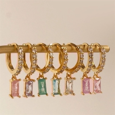 Brass Zirconia Rectangle Gem Dangle Earrings Gold Plated Multicolor Huggie Hoop Earrings For Women Minimalist Jewelry