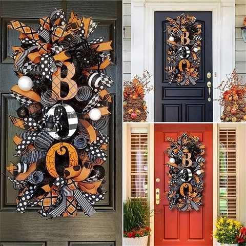 Halloween Front Door Wreath Hanging Swag Boo Sign Spooky Ribbon Mesh Spiders Ornament Party Home Decoration