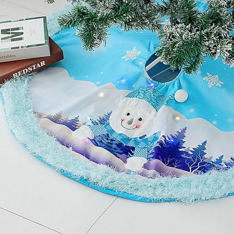 Falda De Árbol De Navidad Con Luces LED Azul Felpa Cubierta De Base Patrón De Papá Noel Muñeco De Nieve Decoración