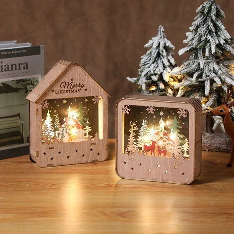 Kerst Houten Huis Ornament Gloeiende LED Laser Gesneden Dorp Scene Desktop Decoratie Feestelijke Geschenken