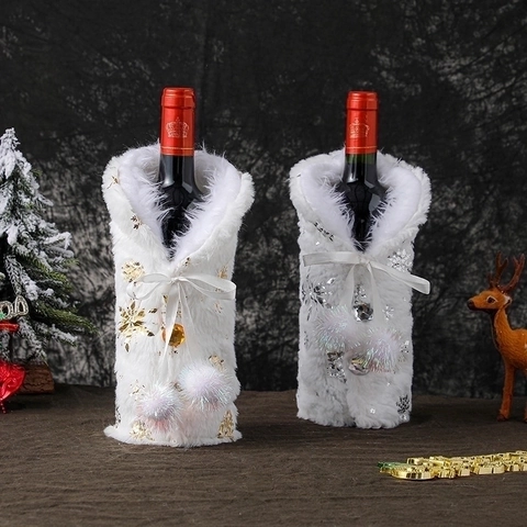 Christmas Wine Bottle Cover White Plush Faux Fur Snowflake Pattern Ribbon Bow Pom Poms Festive Table Decor