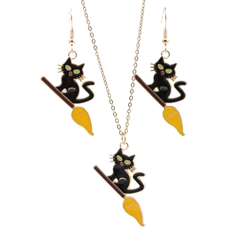 Black Cat Broom Halloween Earrings Necklace Alloy Enamel Witch Jewelry Funny Creative Festive Accessories