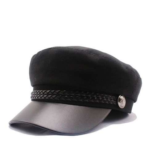Baker Boy Mütze Damen Vintage Newsboy Cap Baumwolle Leinen Mit PU Leder Schirm Geflochtenes Seil Dekor Militär Stil