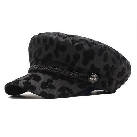 Cappello Newsboy Donna Stampa Leopardata Tessuto Floccato Stile Retrò Britannico Berretto Baker Boy Con Corda Intrecciata