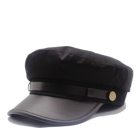 Vintage Fiddler Cap Cotton Flat Top Navy Hat With Faux Leather Brim And Decorative Buttons For Women Casual Retro Style
