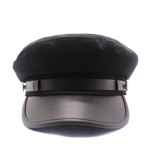 Vintage Fiddler Cap Cotton Flat Top Navy Hat With Faux Leather Brim And Decorative Buttons For Women Casual Retro Style