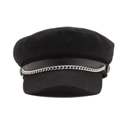 Vintage Newsboy Cap For Women Woolen Military Hat With Metal Chain And Buttons Retro British Style Solid Color Fashion