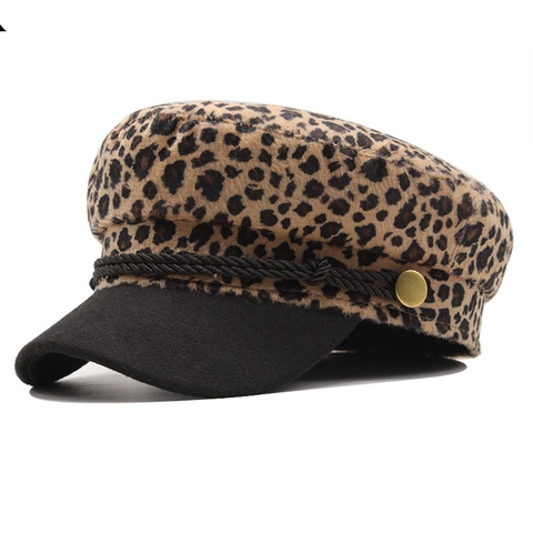 Cappello Da Newsboy Leopardato Donna Retro Feltro Berretto Piatto Con Corda Intrecciata Bottone Oro