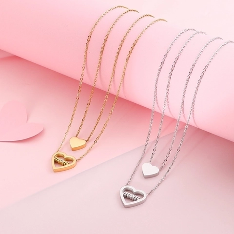 Stainless Steel Double Layer Heart Necklace Rhinestone Artificial Pearl Mom Mum Pendant Necklace Gold Silver Fashion Jewelry
