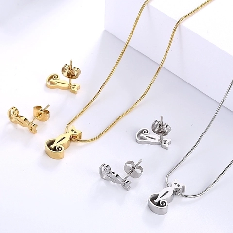 Set Gioielli Collana Orecchini Gatto Carino Acciaio Inossidabile Silhouette Gattino Animale Pendente Catena Serpente Donna
