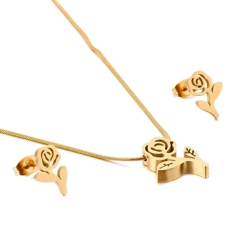 Collana Con Ciondolo Fiore Di Rosa E Orecchini A Lobo Acciaio Inossidabile Design Floreale Cavo Catena A Serpente Gioielli Da Donna Moda Elegante