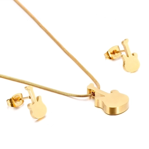 Collana Chitarra E Orecchini A Lobo Acciaio Inossidabile Pendente Strumento Musicale Gioielli Tendenza Minimalista