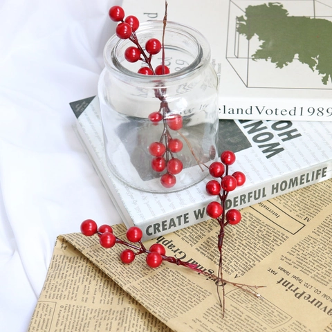 Artificial Red Berries Stems Foam Plastic Iron Wire Holly Berry Branches For Christmas Holiday Home DIY Decoration