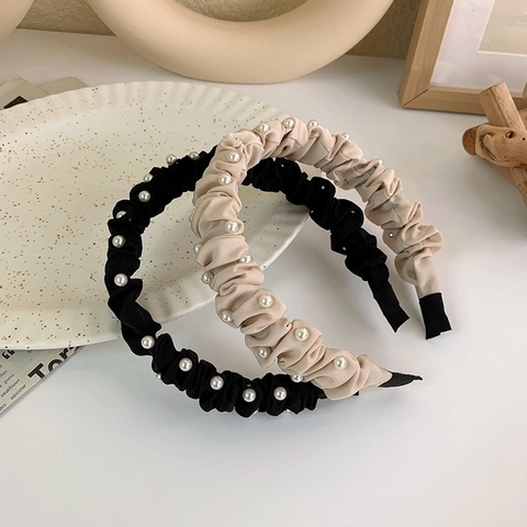 Elegant Pleated Fabric Headband With Faux Artificial Pearl Decor Solid Color Hair Hoop For Women Girls