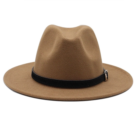 Wool Felt Fedora Hat For Women Men Wide Flat Brim Jazz Hat With Black Belt Buckle Solid Color Western Style Panama Cap