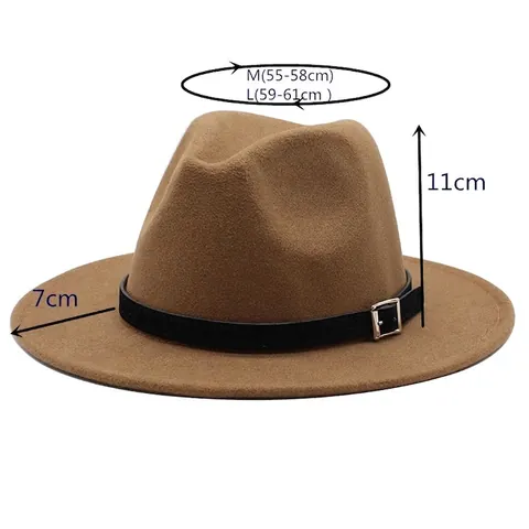 Wool Felt Fedora Hat For Women Men Wide Flat Brim Jazz Hat With Black Belt Buckle Solid Color Western Style Panama Cap